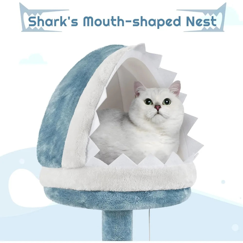 Cute Multi-Level Cat Tree with Shark Bed & 2 Big Caves for Cats - BLOOM CART..