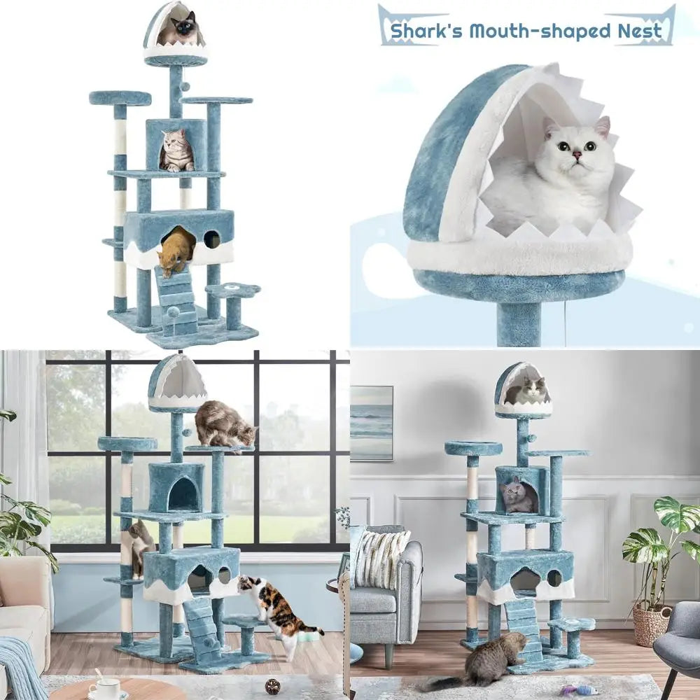 Cute Multi-Level Cat Tree with Shark Bed & 2 Big Caves for Cats - BLOOM CART..