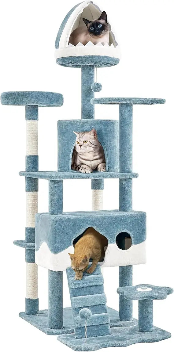 Cute Multi-Level Cat Tree with Shark Bed & 2 Big Caves for Cats - BLOOM CART..