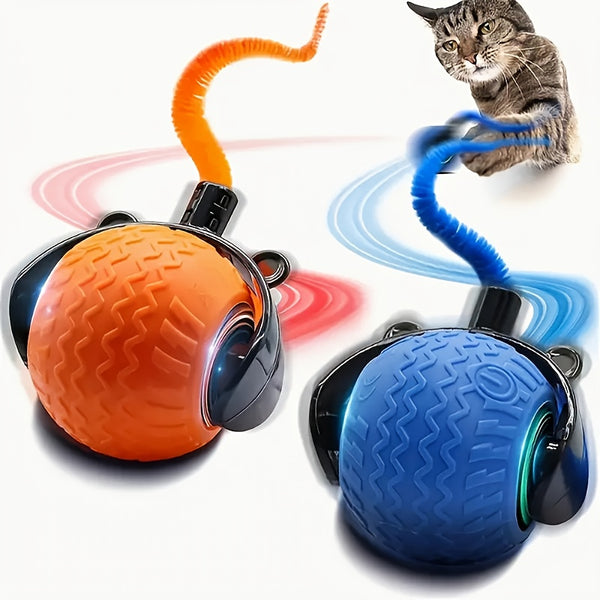 Interactive Cat Toy for Indoor Cats, Speedy Ball with Tail, Automatic Moving Cat Balls for Bored Indoor Adult Cats, 360°Automatic Rolling Ball Toy, Two Speed Adjustment